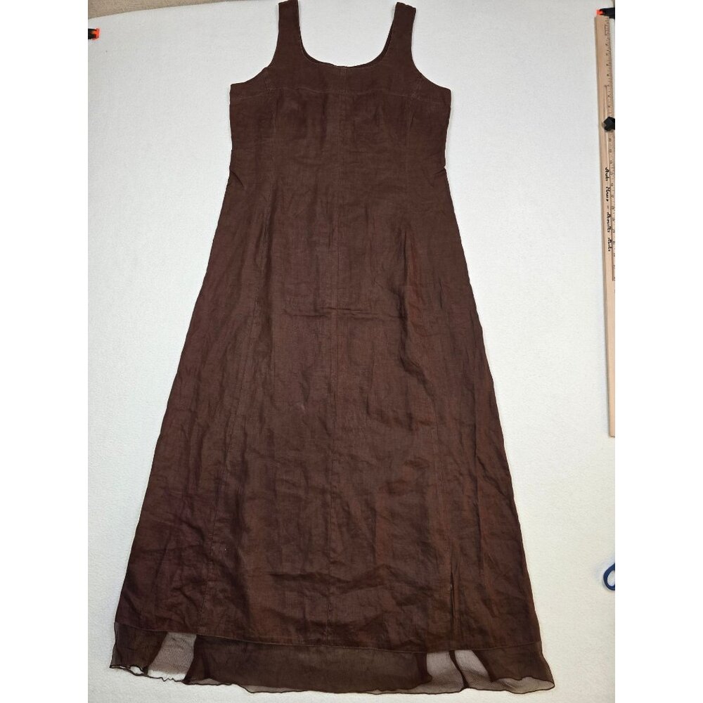 Johnny Was Brown Linen Sleeveless Maxi Dress Sheer Bottom Hem & Button Front M